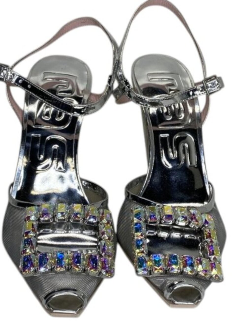 NEW RAS Women’s Silver Mesh Jewel Pumps – Size 9 – Ankle Strap High Cone Heel –